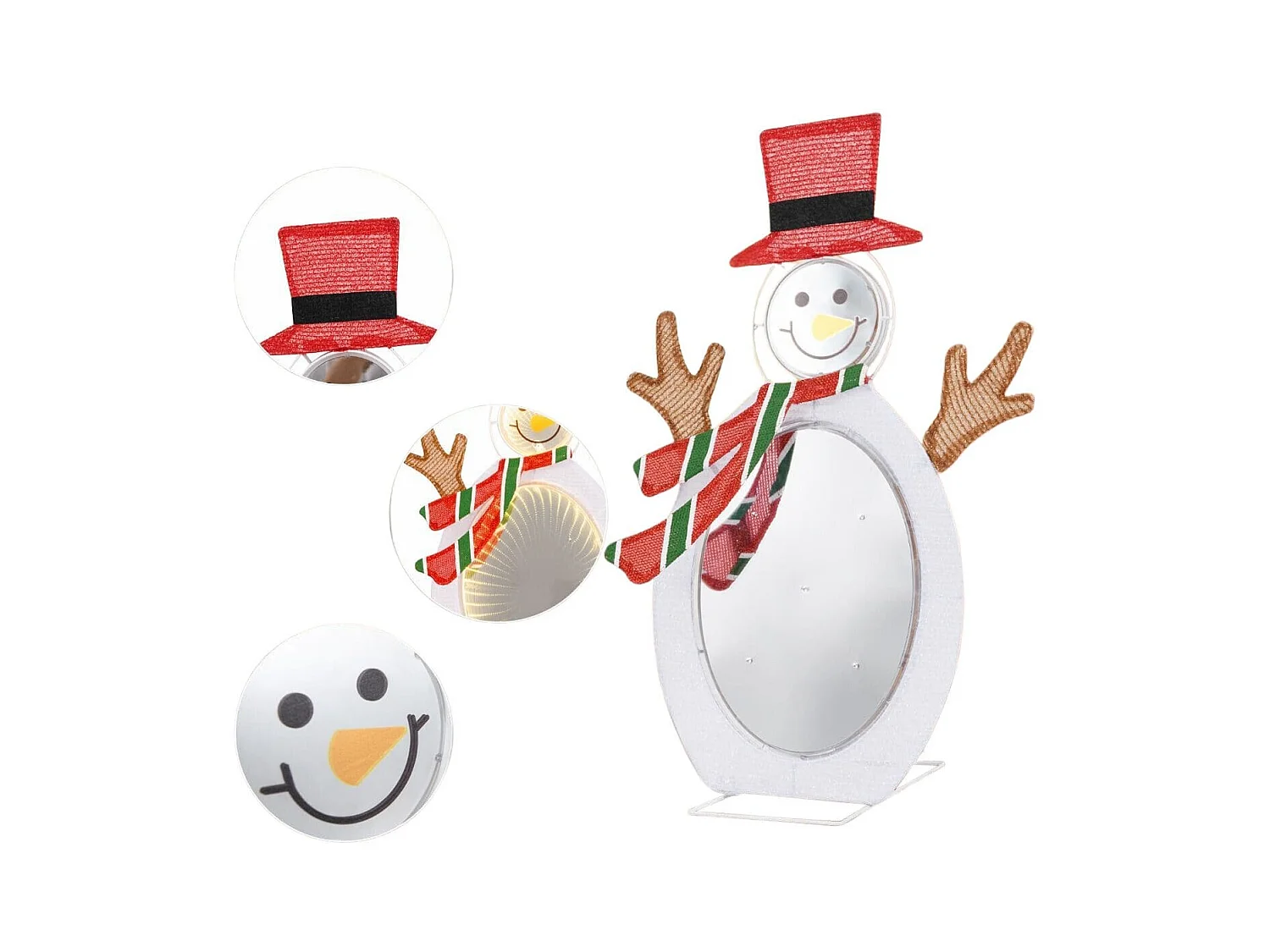 Décoration de Noël 2D Bonhomme de Neige Pré-éclairé de 75 Perles de Lumière LED 2 Miroirs Lumineux Infinis Chapeau Haut de Forme Echarpe