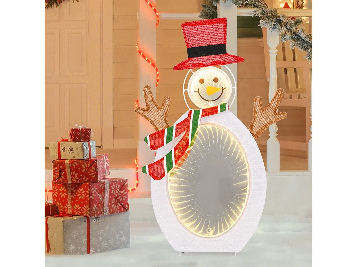 Décoration de Noël 2D Bonhomme de Neige Pré-éclairé de 75 Perles de Lumière LED 2 Miroirs Lumineux Infinis Chapeau Haut de Forme Echarpe