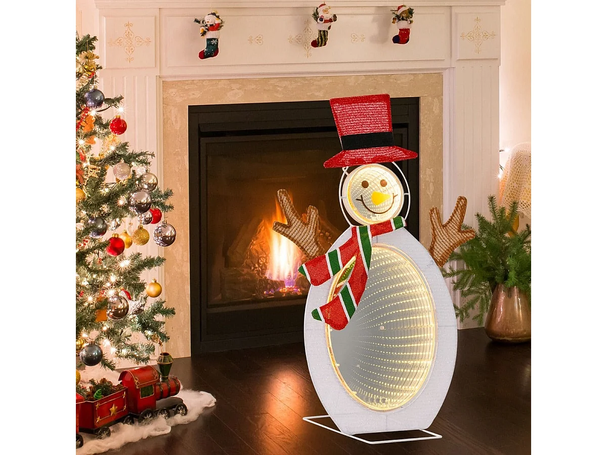 Décoration de Noël 2D Bonhomme de Neige Pré-éclairé de 75 Perles de Lumière LED 2 Miroirs Lumineux Infinis Chapeau Haut de Forme Echarpe
