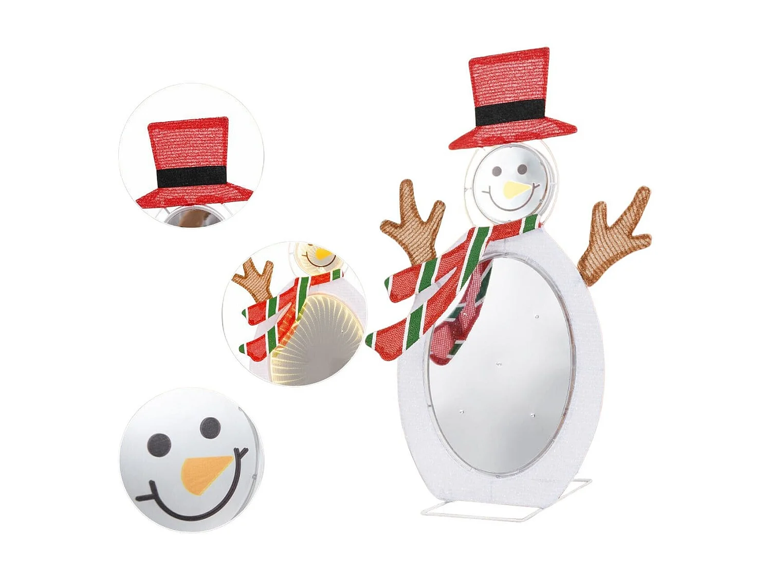 Décoration de Noël 2D Bonhomme de Neige Pré-éclairé de 75 Perles de Lumière LED 2 Miroirs Lumineux Infinis Chapeau Haut de Forme Echarpe