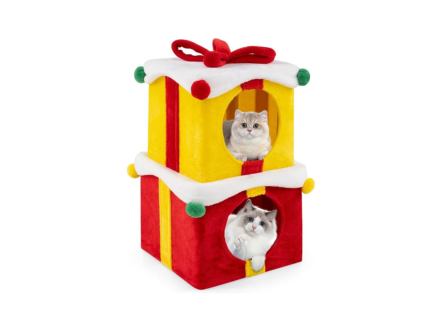 Maison de Noël pour Chat à 2 Etages 2 Condos Empilables en Forme de Paquets Cadeaux avec Nœud en Tissu Peluche et Bois d'Ingénierie