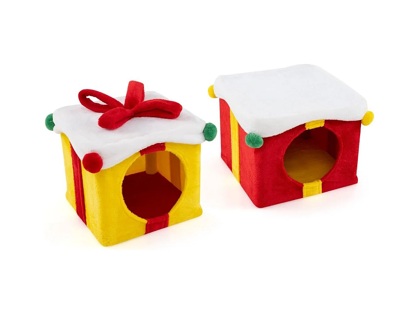 Maison de Noël pour Chat à 2 Etages 2 Condos Empilables en Forme de Paquets Cadeaux avec Nœud en Tissu Peluche et Bois d'Ingénierie