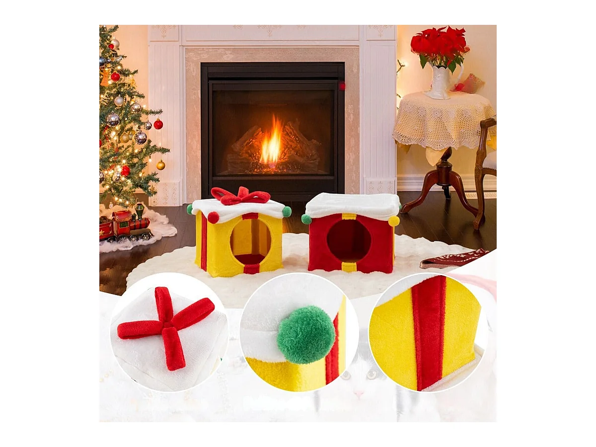 Maison de Noël pour Chat à 2 Etages 2 Condos Empilables en Forme de Paquets Cadeaux avec Nœud en Tissu Peluche et Bois d'Ingénierie