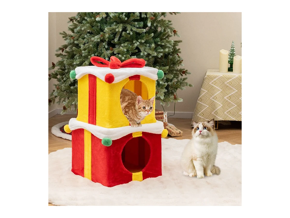Maison de Noël pour Chat à 2 Etages 2 Condos Empilables en Forme de Paquets Cadeaux avec Nœud en Tissu Peluche et Bois d'Ingénierie
