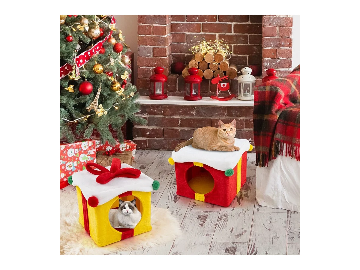 Maison de Noël pour Chat à 2 Etages 2 Condos Empilables en Forme de Paquets Cadeaux avec Nœud en Tissu Peluche et Bois d'Ingénierie