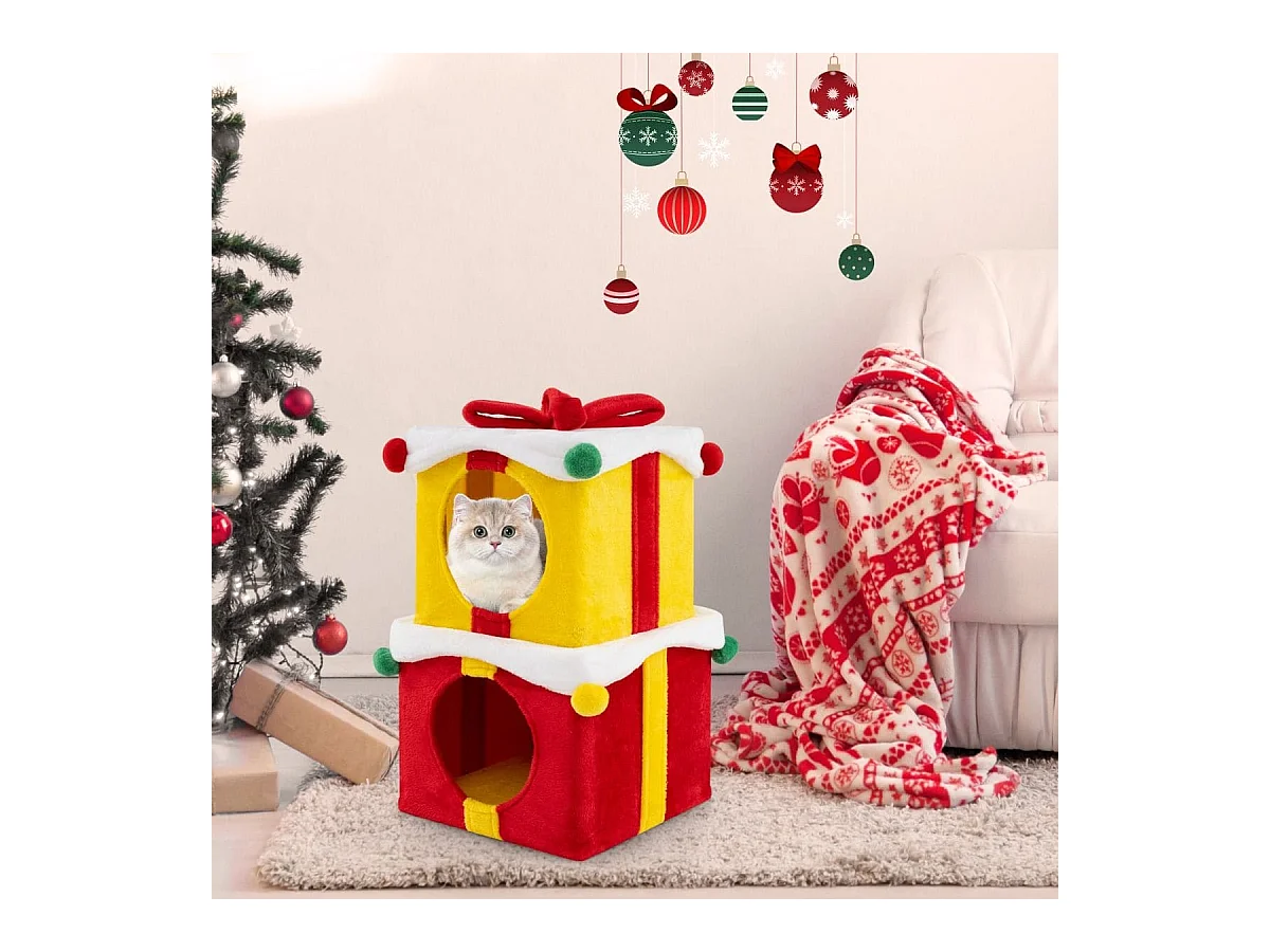 Maison de Noël pour Chat à 2 Etages 2 Condos Empilables en Forme de Paquets Cadeaux avec Nœud en Tissu Peluche et Bois d'Ingénierie