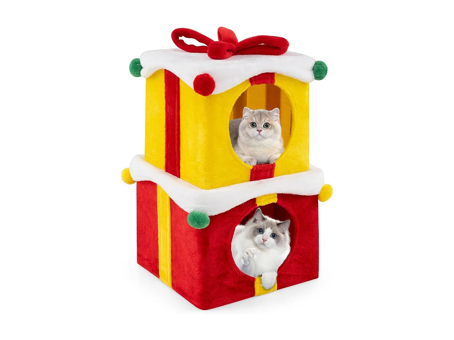 2-stöckige Weihnachten Katzenhöhle mit Schleife & Ball Stapelbare Geschenkboxen Katzenhaus