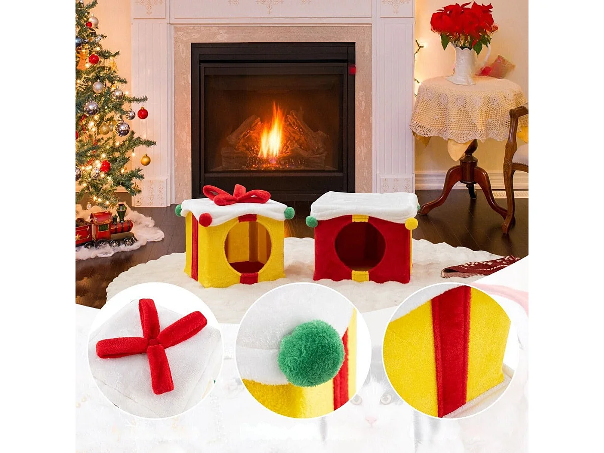 2-stöckige Weihnachten Katzenhöhle mit Schleife & Ball Stapelbare Geschenkboxen Katzenhaus