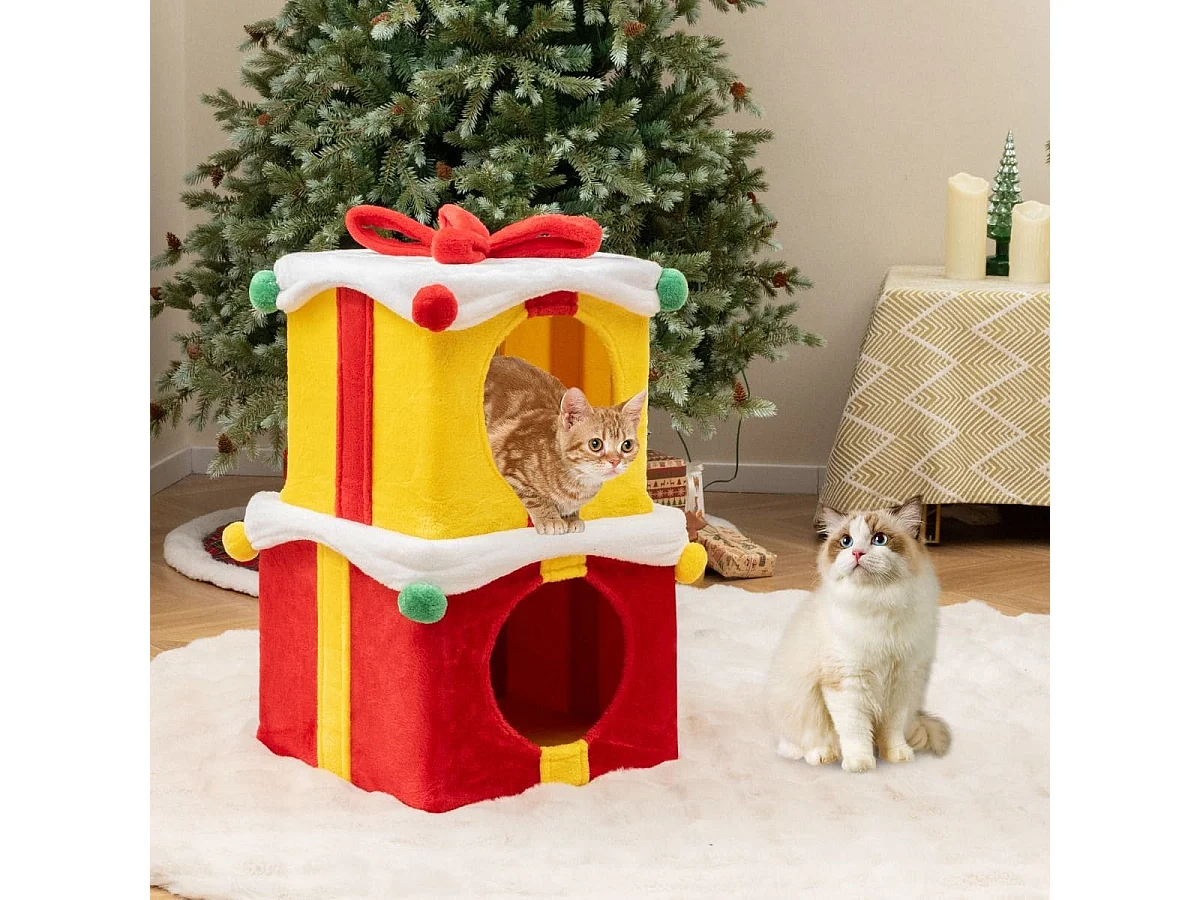2-stöckige Weihnachten Katzenhöhle mit Schleife & Ball Stapelbare Geschenkboxen Katzenhaus