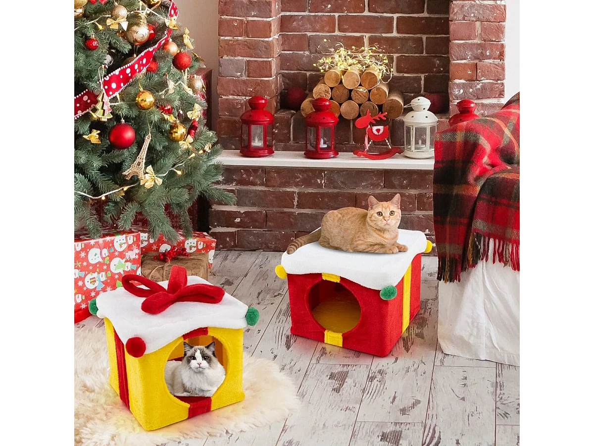 2-stöckige Weihnachten Katzenhöhle mit Schleife & Ball Stapelbare Geschenkboxen Katzenhaus