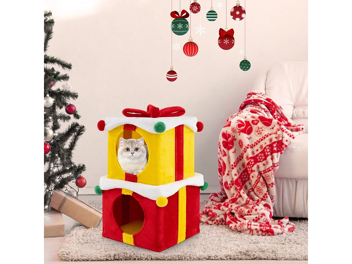 2-stöckige Weihnachten Katzenhöhle mit Schleife & Ball Stapelbare Geschenkboxen Katzenhaus