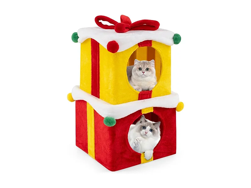 Casetta di Natale per gatti a 2 piani con fiocco, Kit di condo a forma di regalo impilabili con 2 condo Colorato