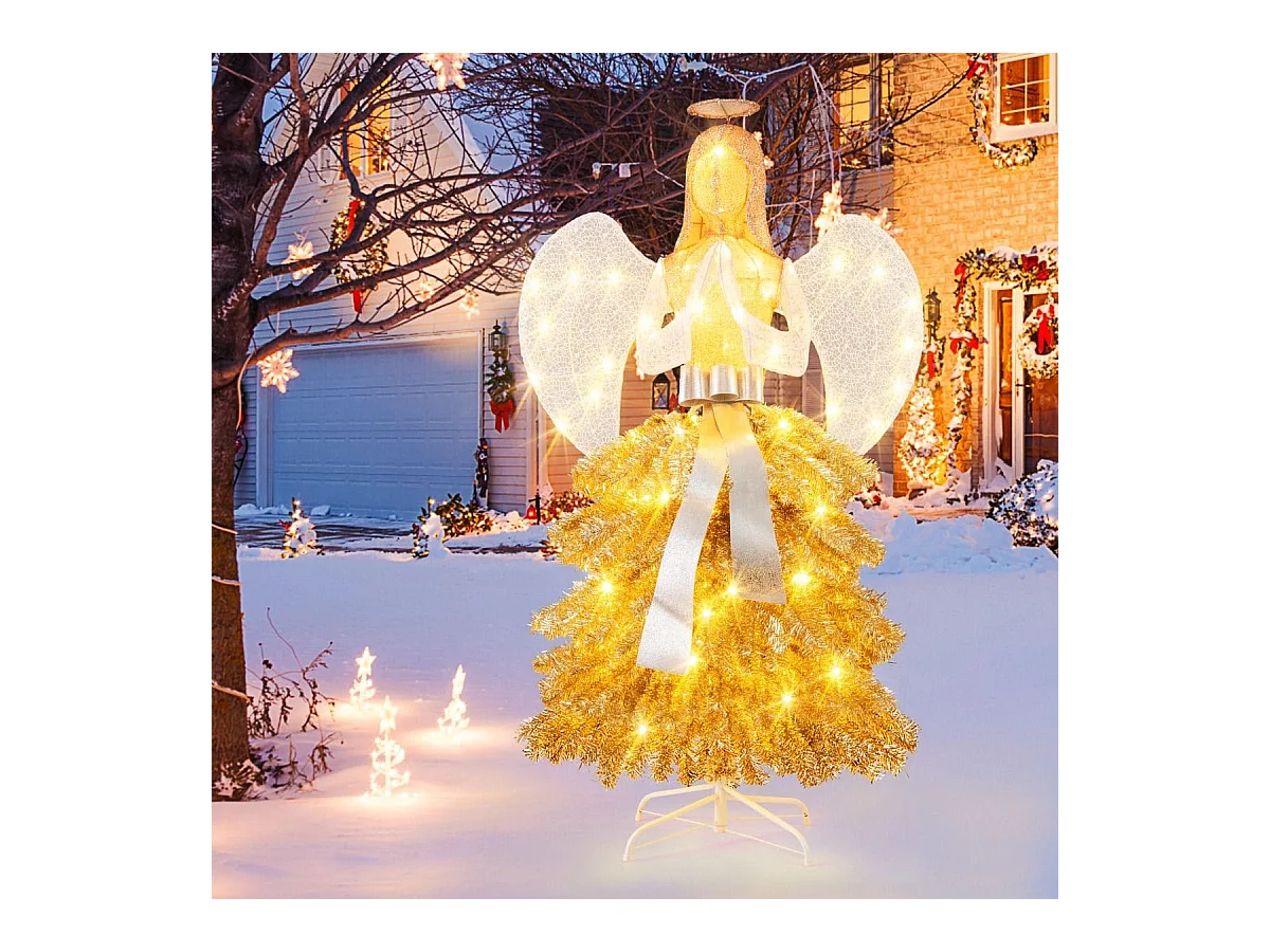 Albero di Natale artificiale luminoso con angelo da 157cm, Decorazione natalizia con luci led base in metallo