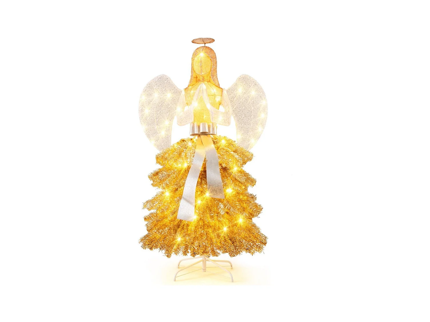 Albero di Natale artificiale luminoso con angelo da 157cm, Decorazione natalizia con luci led base in metallo