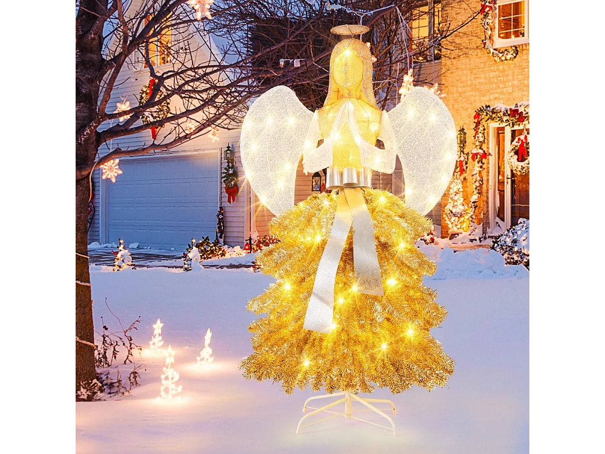 Sapin de Noël Artificiel Illuminé de 157 cm en Forme d'Ange Décoration de Noël avec LED Blanc Chaud Feuilles Dorées Piquets