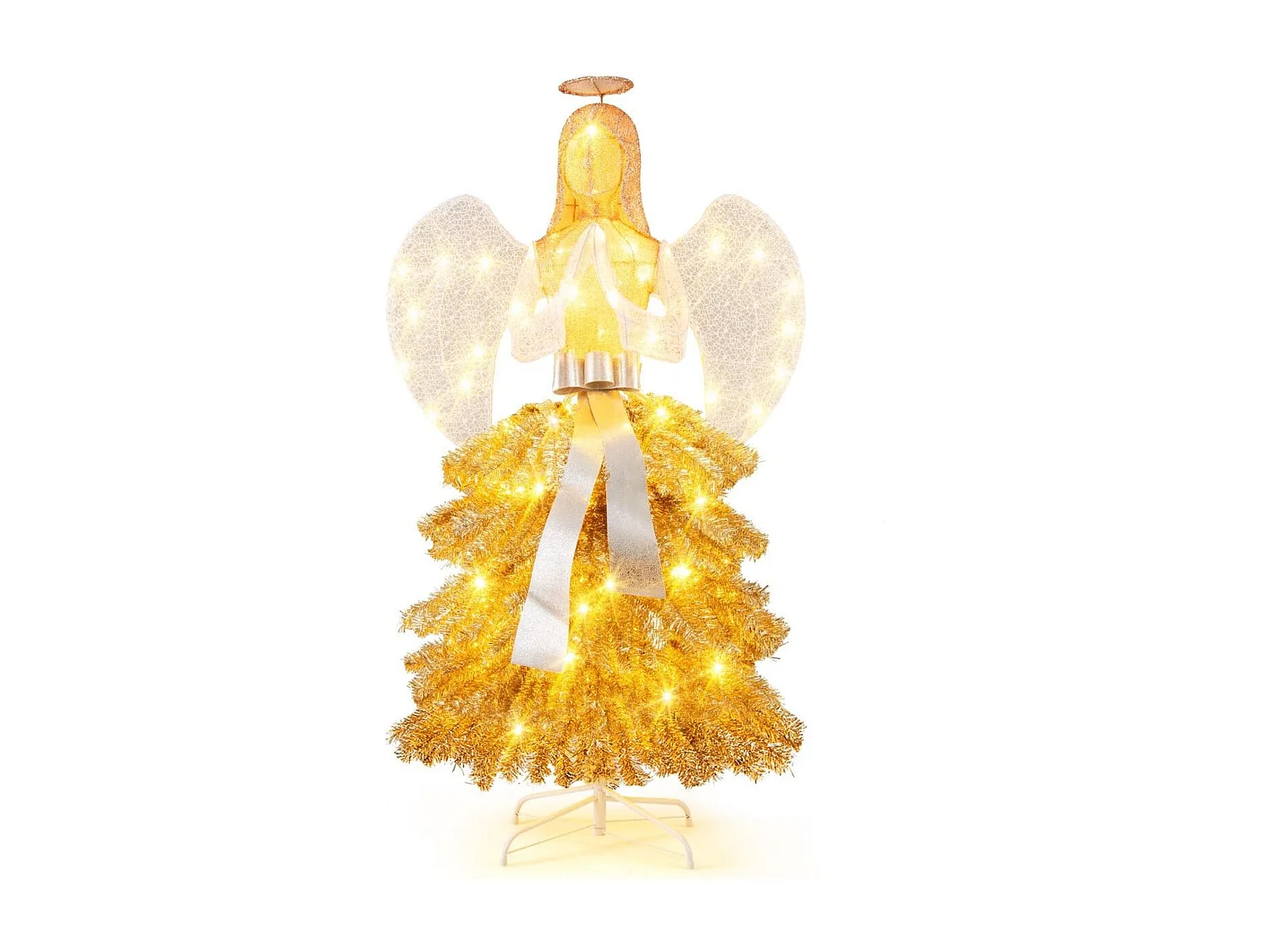 Sapin de Noël Artificiel Illuminé de 157 cm en Forme d'Ange Décoration de Noël avec LED Blanc Chaud Feuilles Dorées Piquets