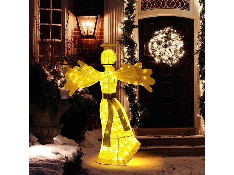 Décoration de Noël en Forme d'Ange Illuminé Décoration de Noël Artificielle 100 Lumières LED 4 Piquets 10 Attaches Zippées