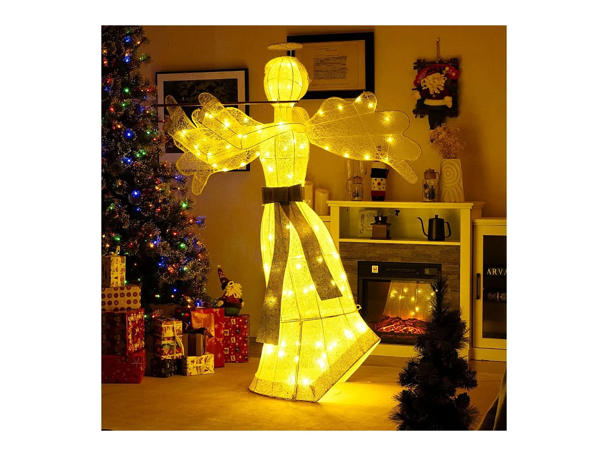 Décoration de Noël en Forme d'Ange Illuminé Décoration de Noël Artificielle 100 Lumières LED 4 Piquets 10 Attaches Zippées