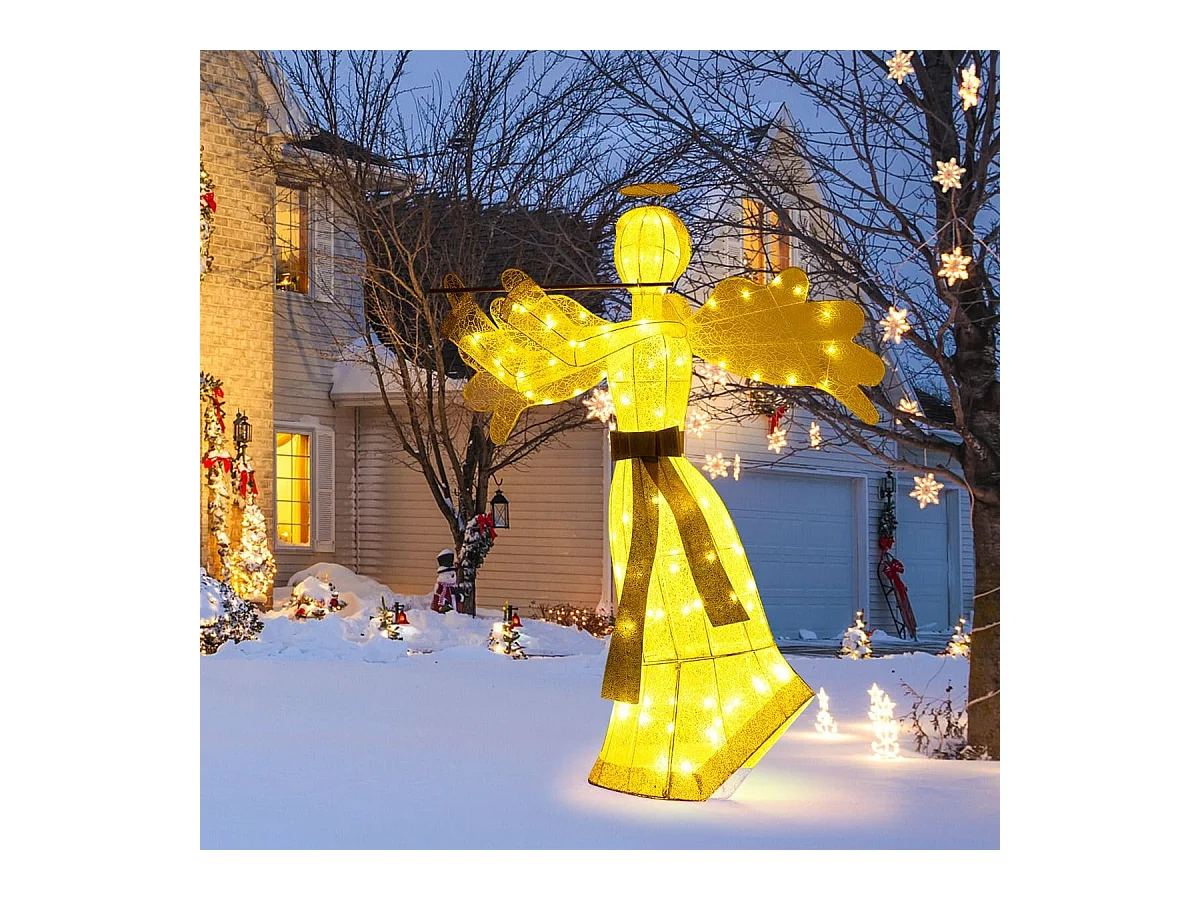 Décoration de Noël en Forme d'Ange Illuminé Décoration de Noël Artificielle 100 Lumières LED 4 Piquets 10 Attaches Zippées