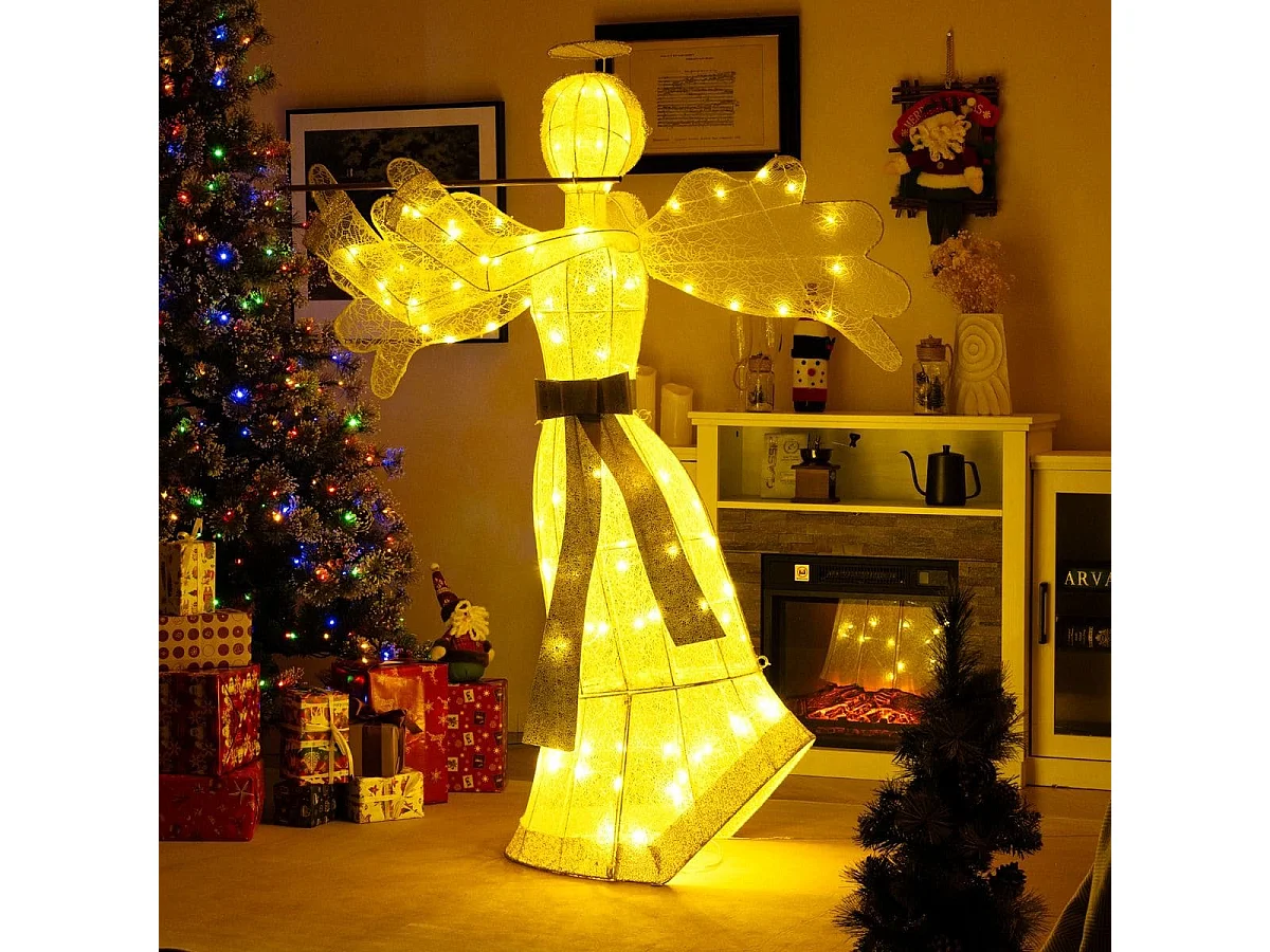 Décoration de Noël en Forme d'Ange Illuminé Décoration de Noël Artificielle 100 Lumières LED 4 Piquets 10 Attaches Zippées