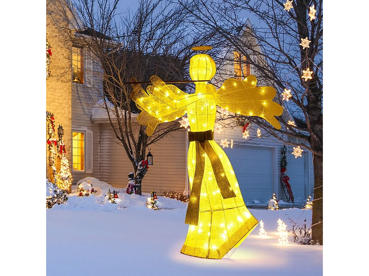 Décoration de Noël en Forme d'Ange Illuminé Décoration de Noël Artificielle 100 Lumières LED 4 Piquets 10 Attaches Zippées