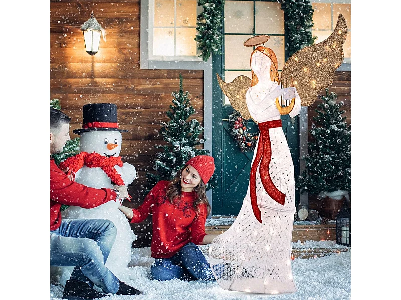 Ange Lumineux avec Harpe Décoration de Noël Lumineuse avec 120 Lumières LED Halo Attaches Zippées Piquets de Sol Figurine Ailée Blanc