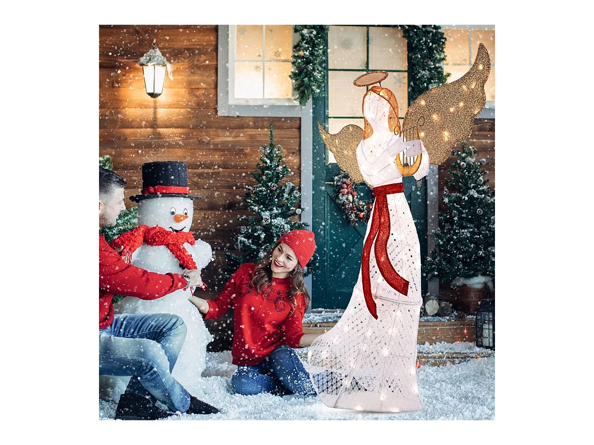 Angelo illuminato con arpa 120 luci LED aureola fascette e picchetti da terra, Decorazione di natale illuminata