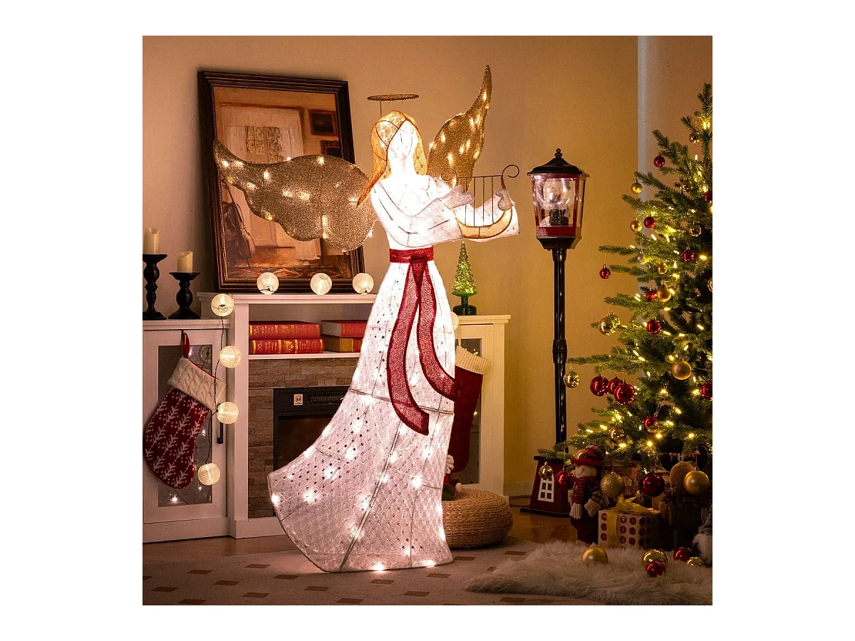 Angelo illuminato con arpa 120 luci LED aureola fascette e picchetti da terra, Decorazione di natale illuminata