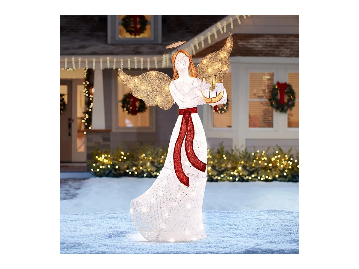 Angelo illuminato con arpa 120 luci LED aureola fascette e picchetti da terra, Decorazione di natale illuminata