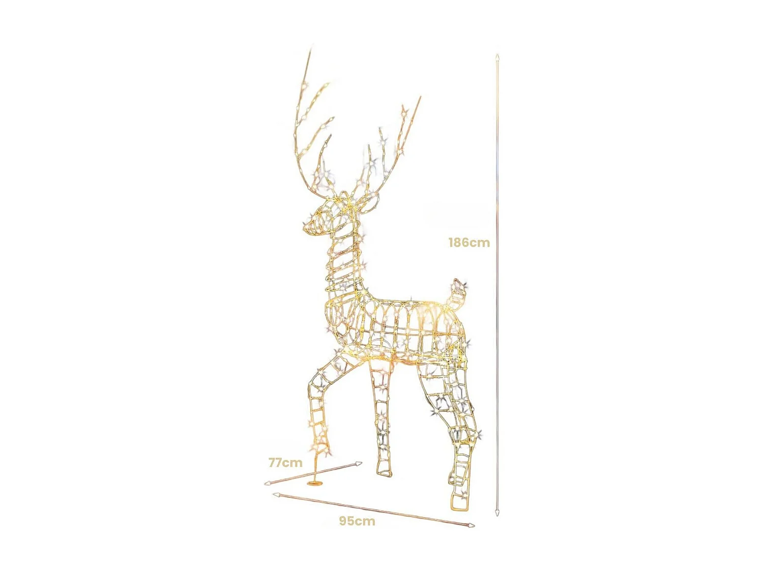 Renne de Noël Pré-éclairé en 3D 186 cm Décoration de Noël avec 300 Lumières LED Blanc Chaud Cerf Mâle Debout Eclairé Extérieur/Intérieur