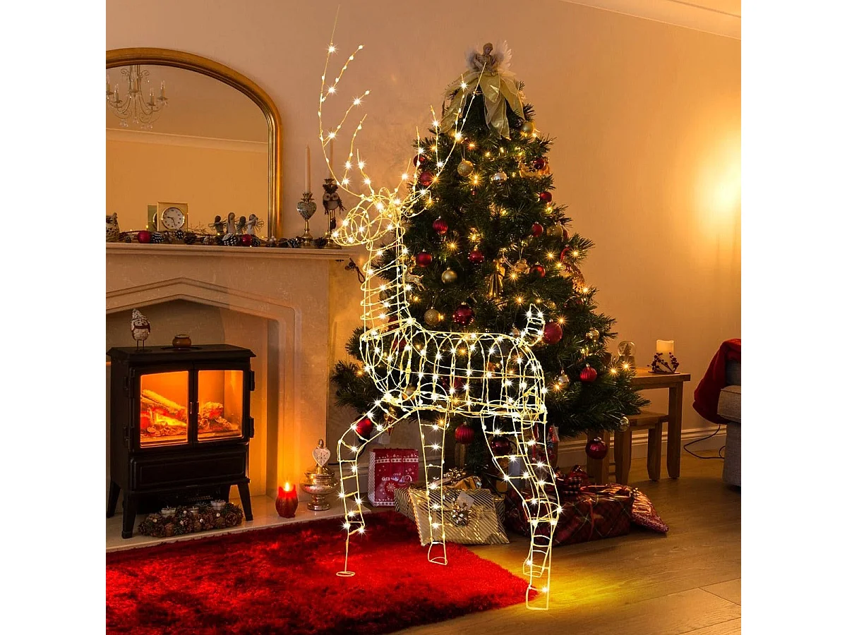Renne de Noël Pré-éclairé en 3D 186 cm Décoration de Noël avec 300 Lumières LED Blanc Chaud Cerf Mâle Debout Eclairé Extérieur/Intérieur