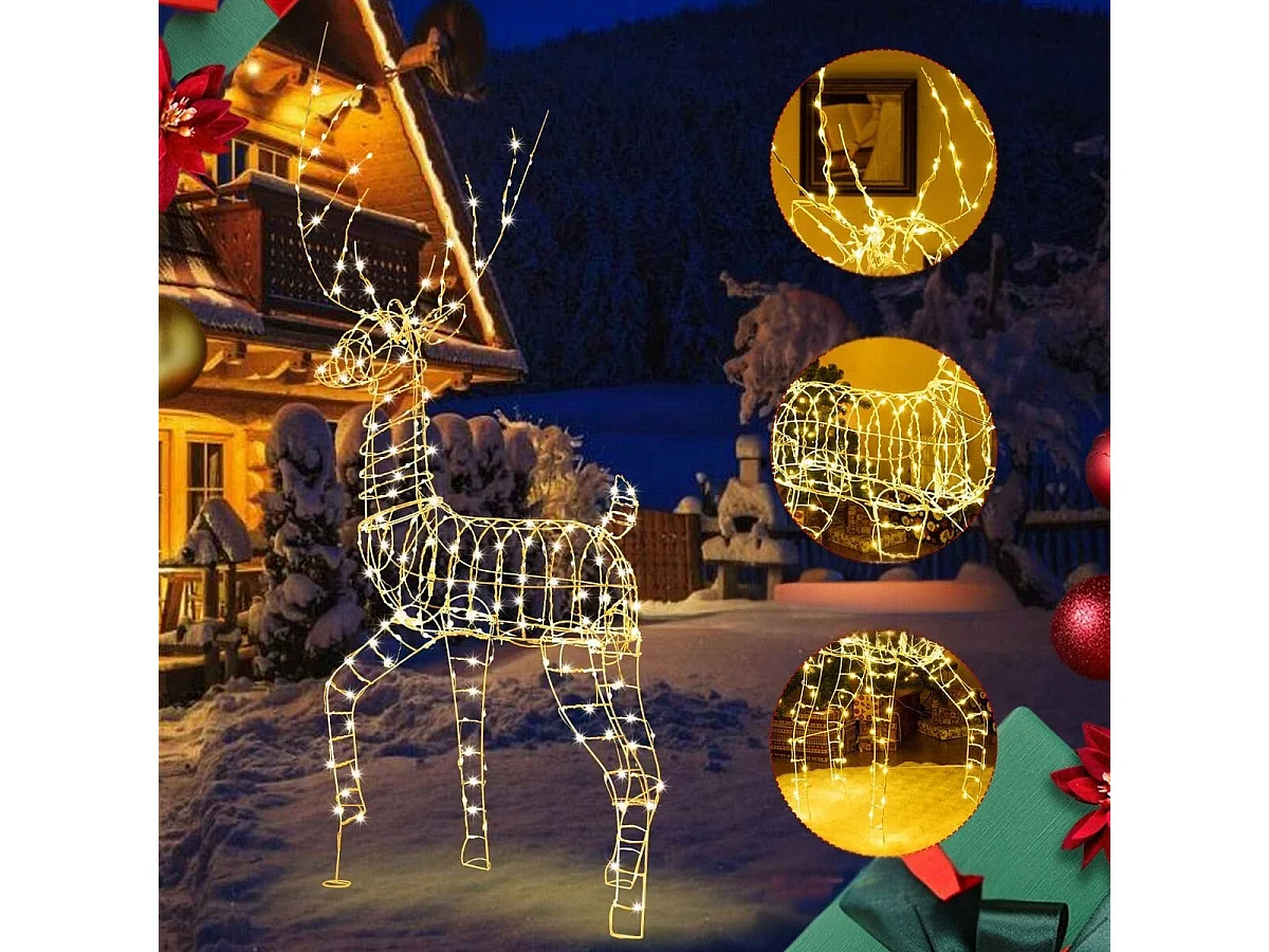 Renne de Noël Pré-éclairé en 3D 186 cm Décoration de Noël avec 300 Lumières LED Blanc Chaud Cerf Mâle Debout Eclairé Extérieur/Intérieur