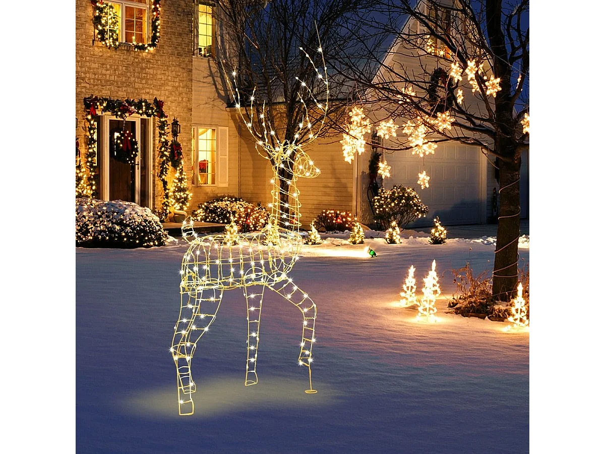 Renne de Noël Pré-éclairé en 3D 186 cm Décoration de Noël avec 300 Lumières LED Blanc Chaud Cerf Mâle Debout Eclairé Extérieur/Intérieur