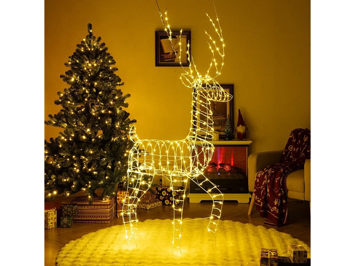Renne de Noël Pré-éclairé en 3D 186 cm Décoration de Noël avec 300 Lumières LED Blanc Chaud Cerf Mâle Debout Eclairé Extérieur/Intérieur