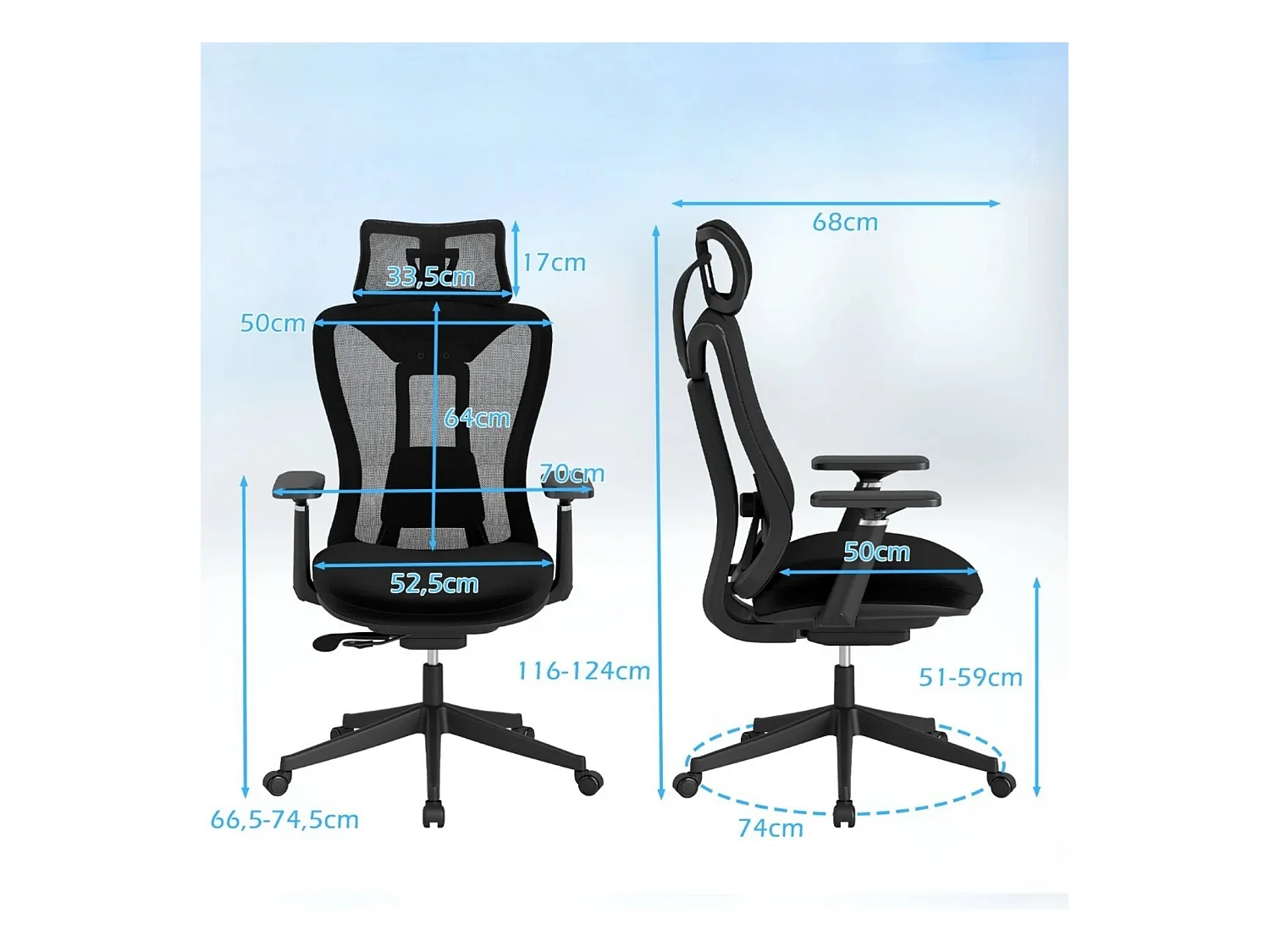 Ergonomischer Bürostuhl mit verstellbarer Lendenstütze & Kopfstütze & 3D-Armlehnen Schwarz