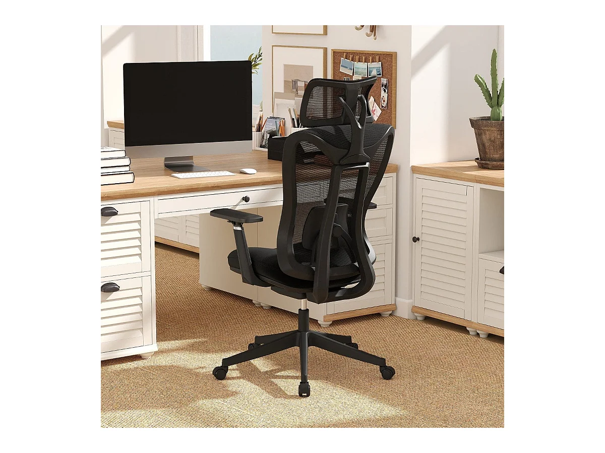 Ergonomischer Bürostuhl mit verstellbarer Lendenstütze & Kopfstütze & 3D-Armlehnen Schwarz