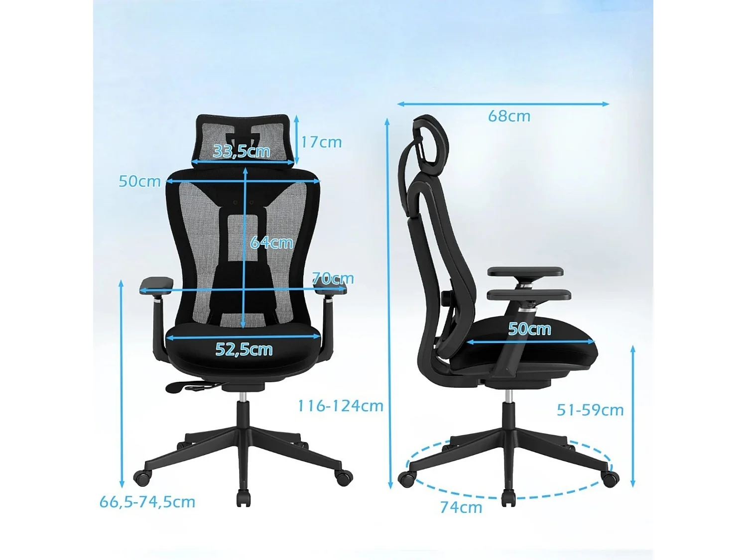 Ergonomischer Bürostuhl mit verstellbarer Lendenstütze & Kopfstütze & 3D-Armlehnen Schwarz