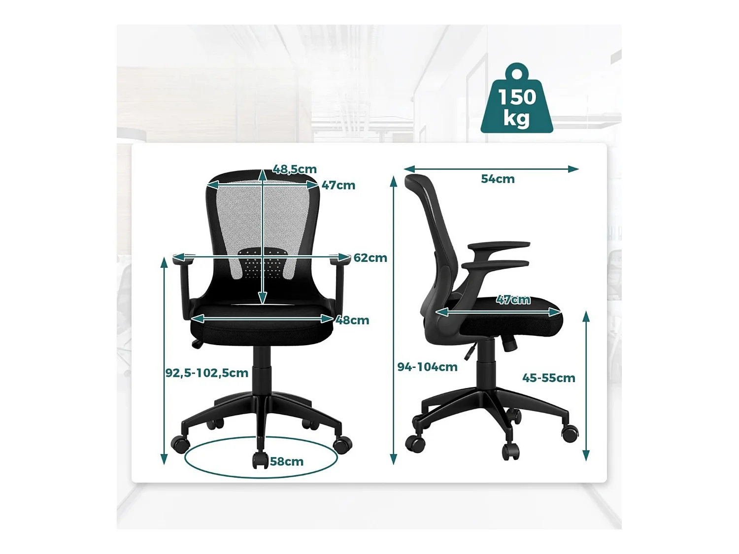 Bürostuhl ergonomischer Drehstuhl mit hochklappbaren Armlehnen & Lendenstütze