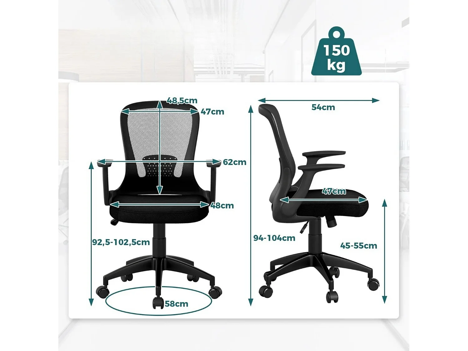 Chaise de Bureau Ergonomique en Maille Chaise Exécutive Réglable en Hauteur avec Dossier Réglable Accoudoirs Relevables et Support Noir