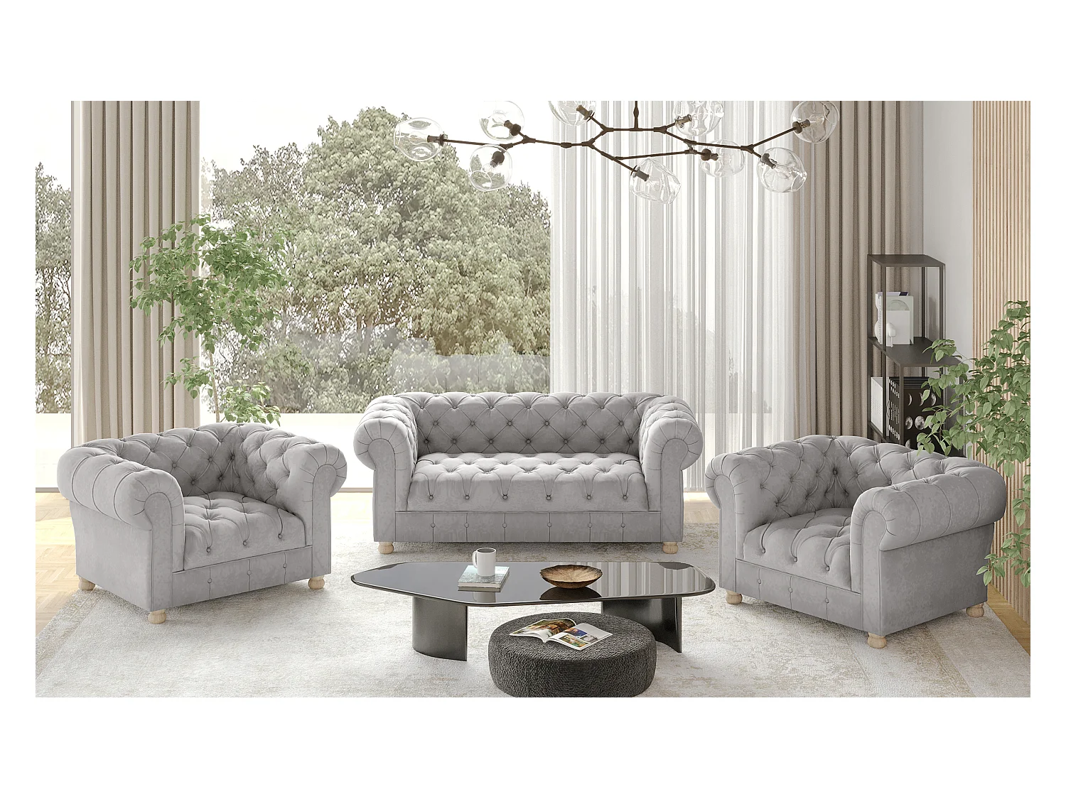 Set 2+1+1 CHESTERFIELD, Stoff Whisper, Silber