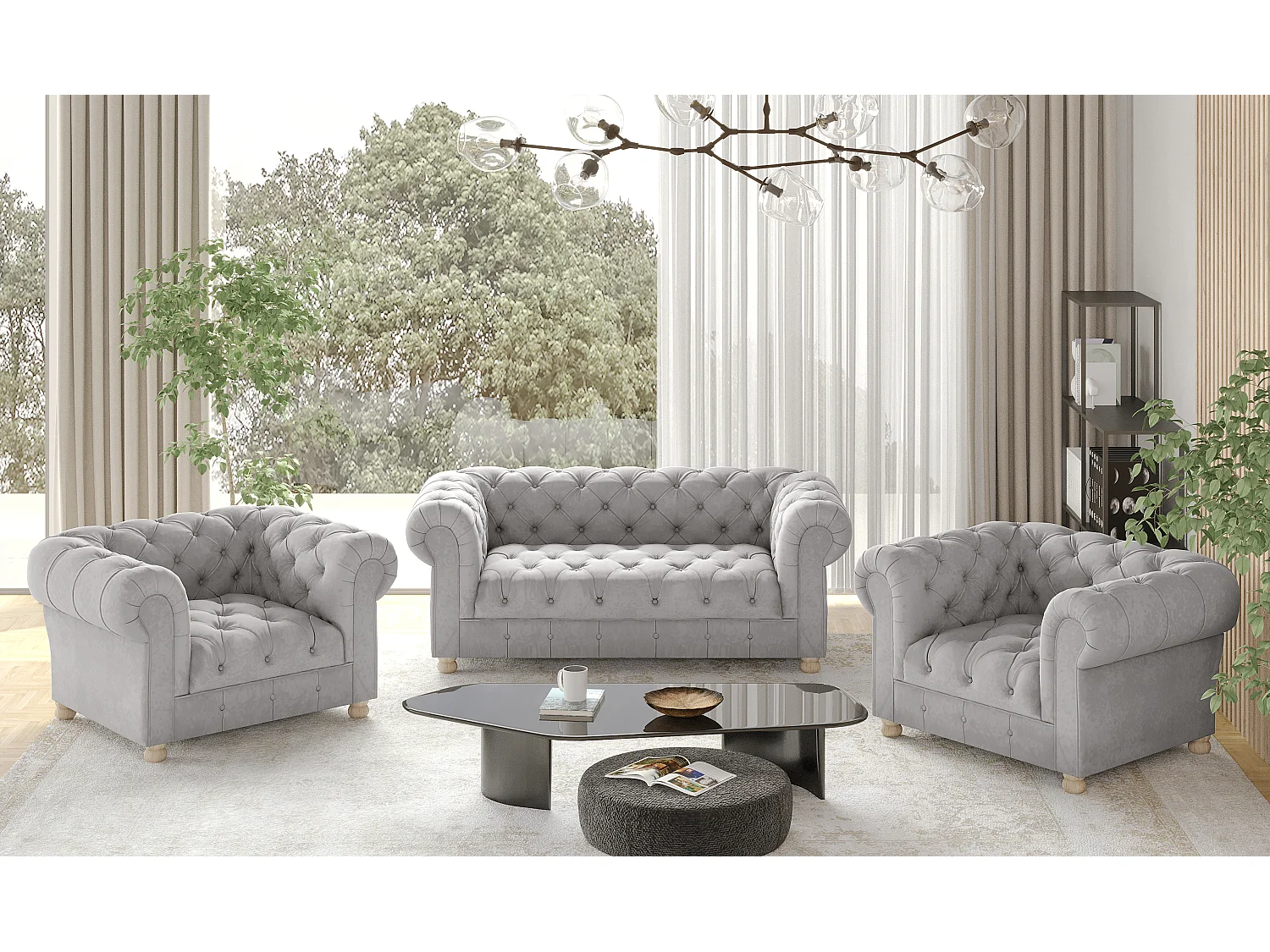 Set 2+1+1 CHESTERFIELD, stof Whisper, zilver