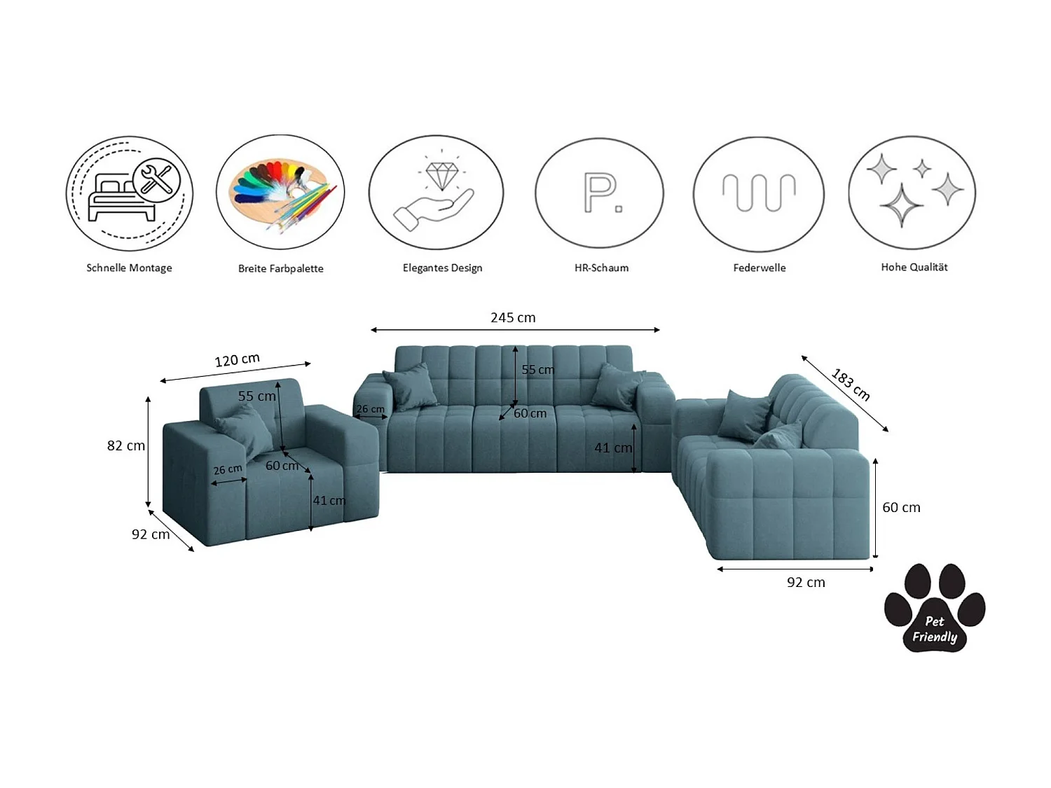 Set 3+2+1 NIMES, Stoff Portland, Blau