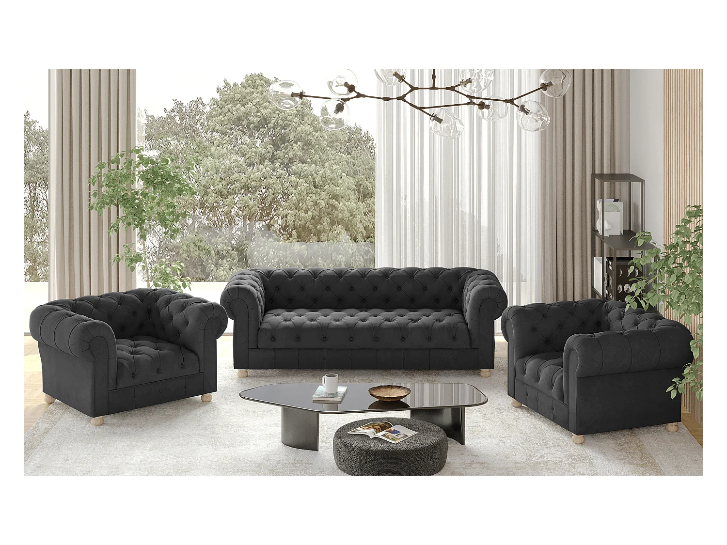 Set 3+1+1 CHESTERFIELD, Stoff Whisper, Graphit