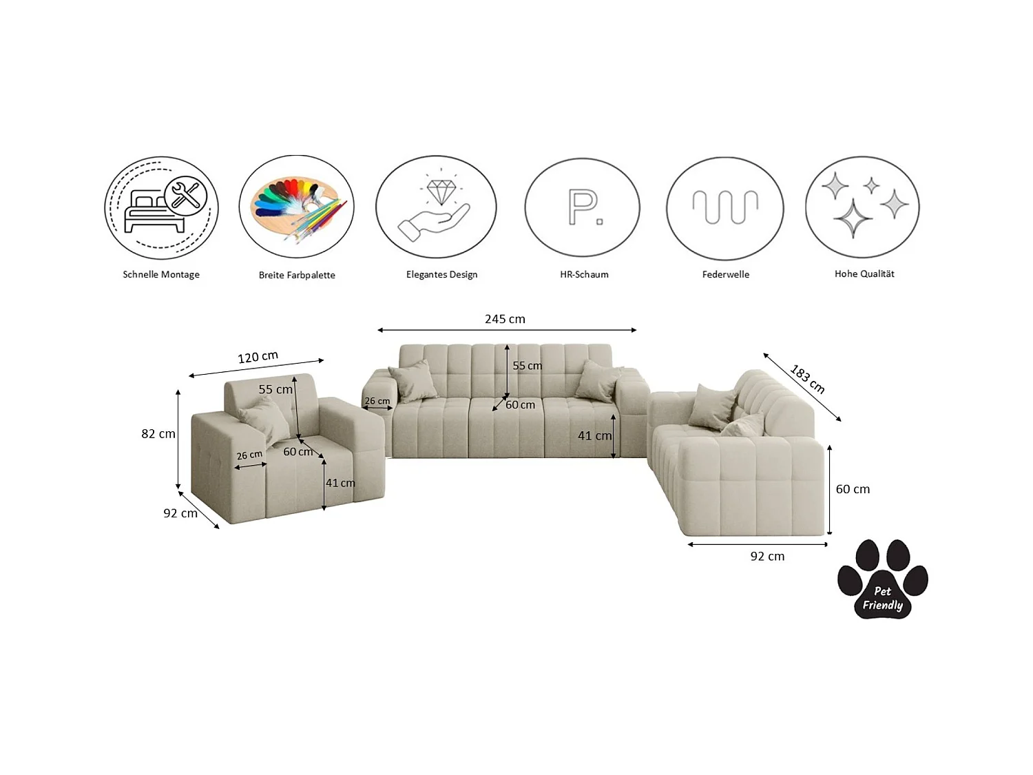 Set 3+2+1 NIMES, Stoff Portland, Ecru