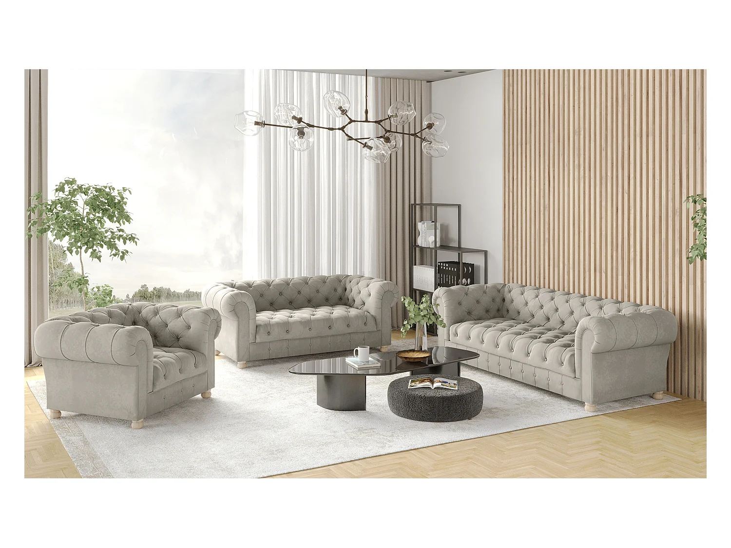 Set 3+2+1 CHESTERFIELD, Stoff Whisper, Creme