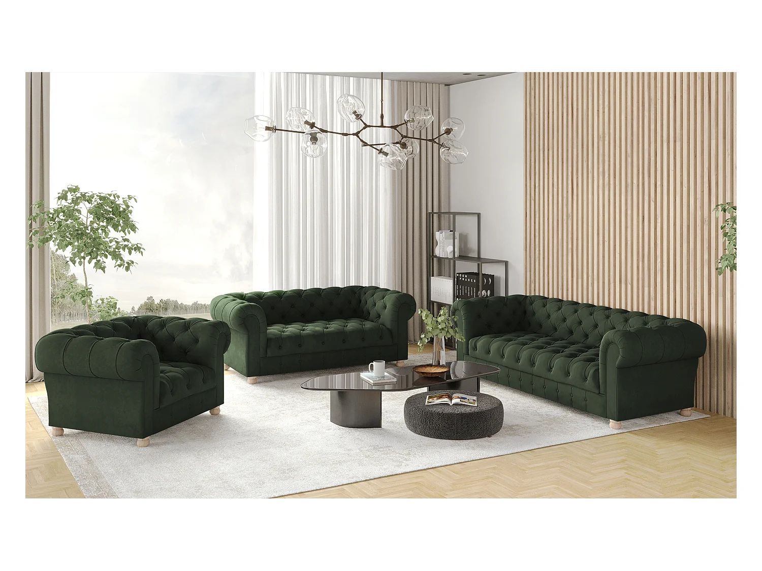 Set 3+2+1 CHESTERFIELD, Stoff Whisper, Grün