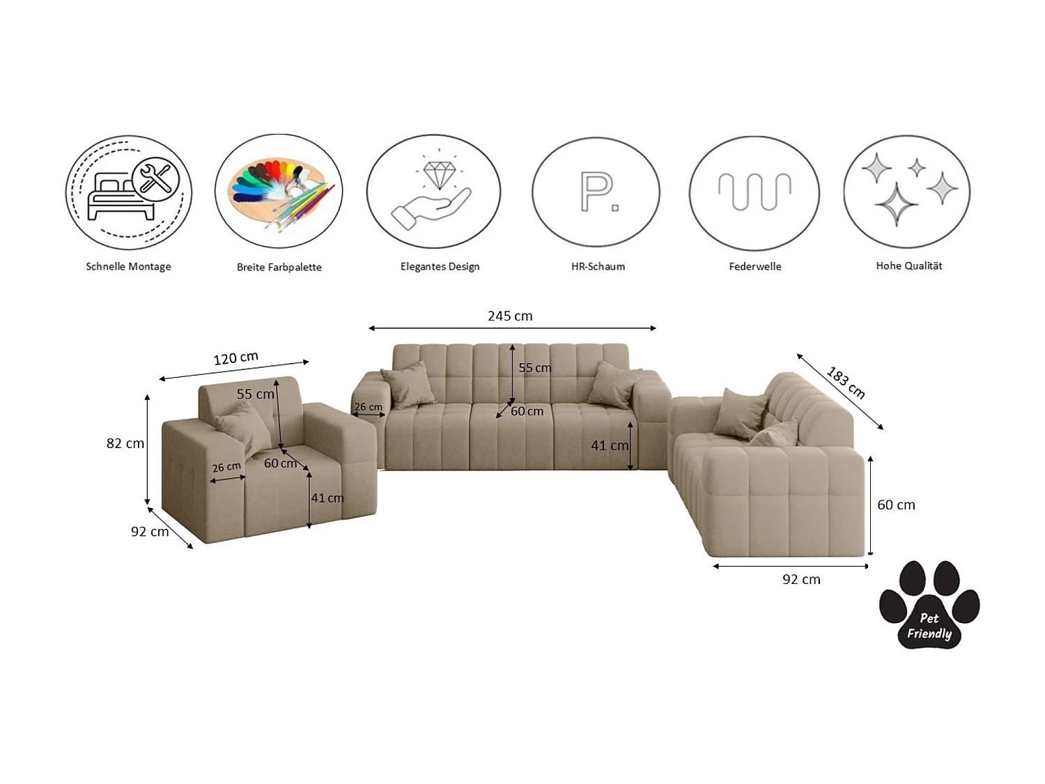 Set 3+2+1 NIMES, stof Portland, beige