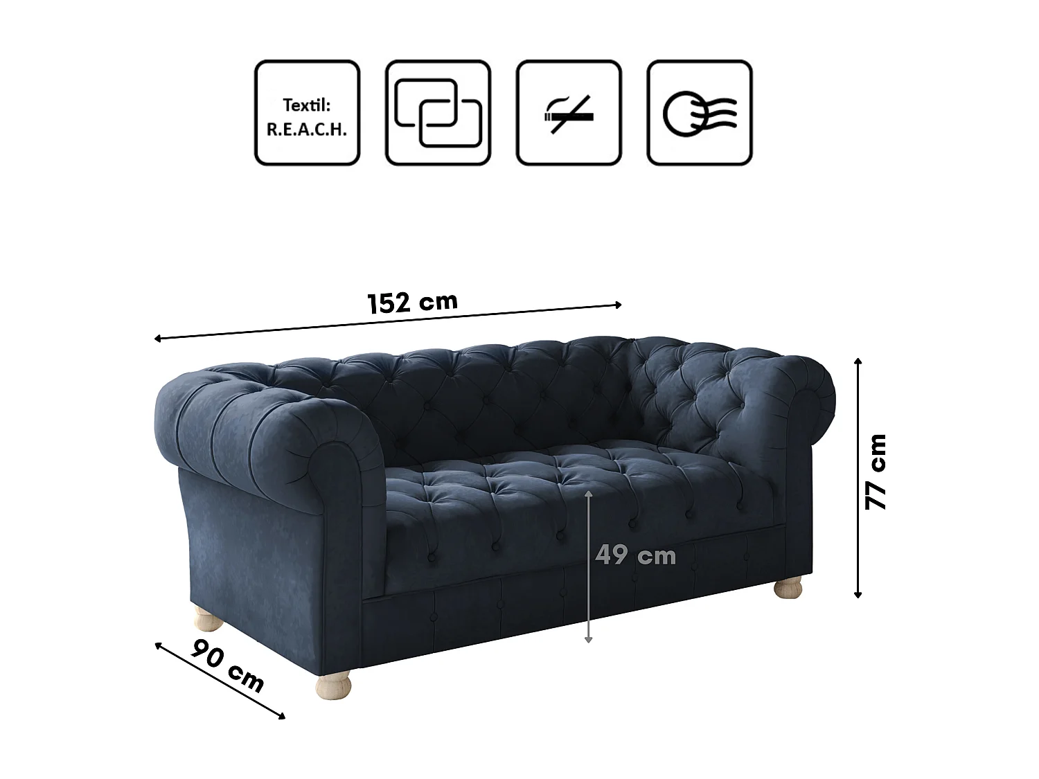 Set 3+2+1 CHESTERFIELD, Stoff Whisper, Blau