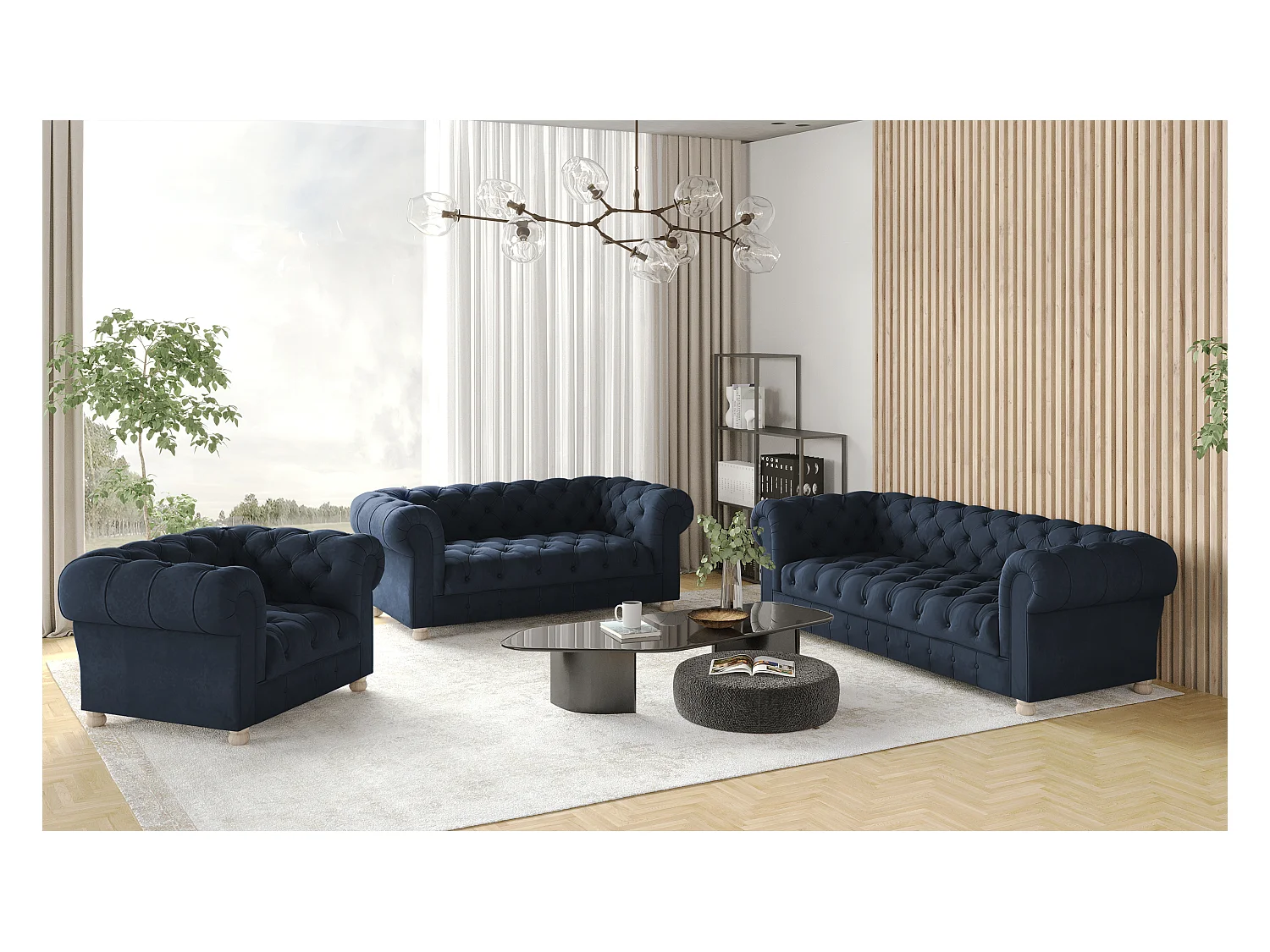 Set 3+2+1 CHESTERFIELD, Stoff Whisper, Blau