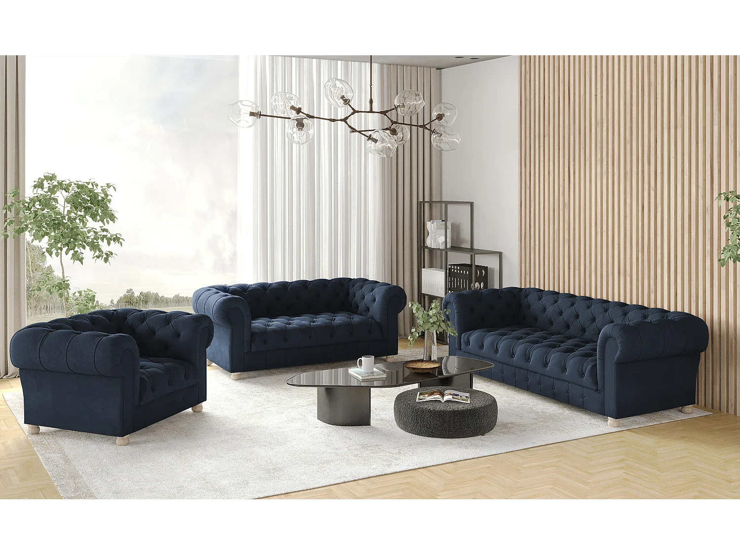 Set 3+2+1 CHESTERFIELD, stof Whisper, blauw